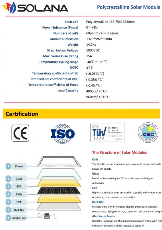 spesifikasi panel surya 200 wp solana