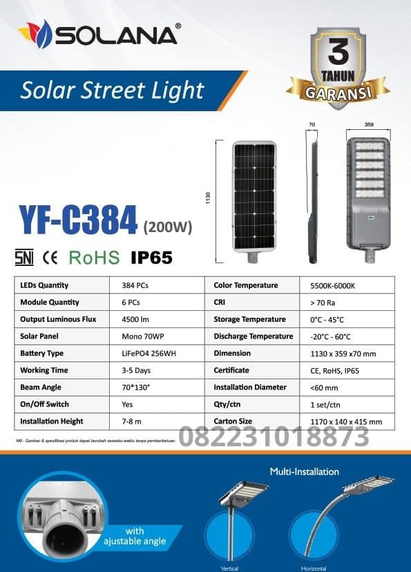 Lampu PJU Solarcell 200 watt SNI Solana