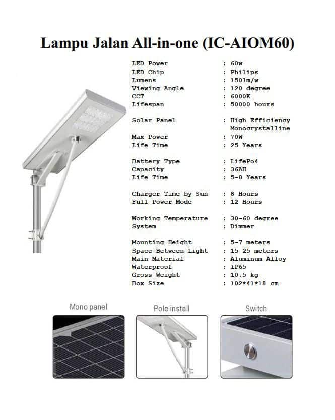Lampu Jalan PJU ALL IN ONE 60 watt No sensor gerak IC- AIOM Lampu Jalan PJU ALL IN ONE 60 watt No sensor gerak IC- AIOM